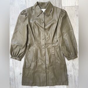 Topshop Vegan Leather Button Front Mini Dress Olive Puff Sleeve Size 2 NWT